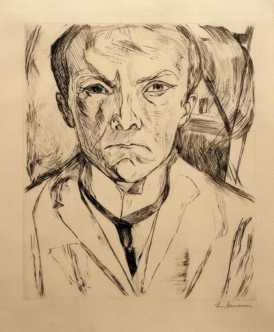 Autorretrato de frente, con fachada de casa al fondo de Max Beckmann