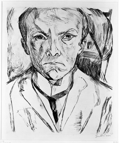 Autorretrato de frente, con frontón de una casa al fondo de Max Beckmann