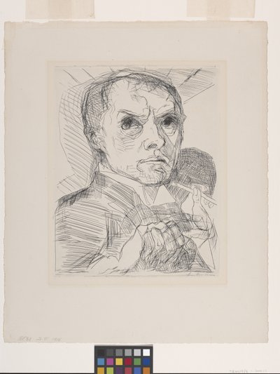Autorretrato con lápiz óptico (Selbstbildnis Mit Griffel) (punta seca sobre papel verjurado en blanco hueso) de Max Beckmann