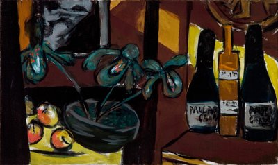 Bodegón en marrón y amarillo (Botellas de champán y orquídeas) de Max Beckmann