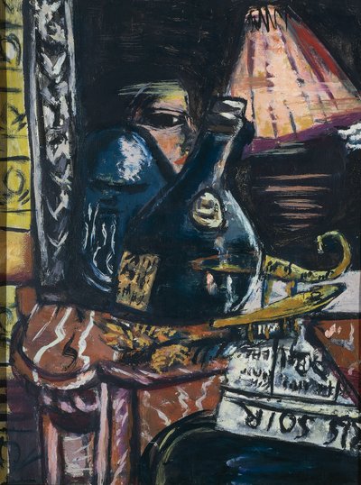 Todavía lIfe con botella de aguardiente ladeada y Buda de Max Beckmann