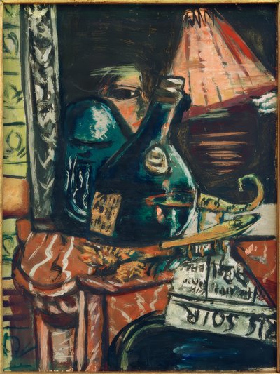 Naturaleza muerta con botella de licor torcida y Buda de Max Beckmann