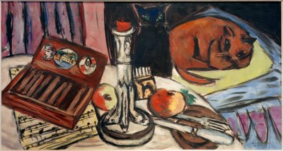 Naturaleza muerta con candelabro de plata (Naturaleza muerta con gatos) de Max Beckmann