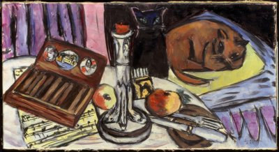 Naturaleza muerta con candelabro de plata (Naturaleza muerta con gatos) de Max Beckmann