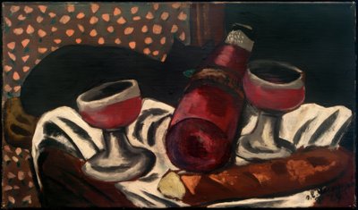 Naturaleza muerta con copas de vino y gato de Max Beckmann