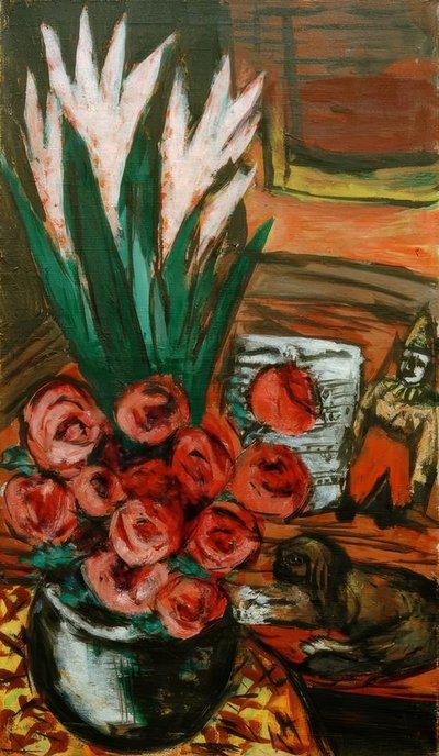 Naturaleza muerta con rosas rojas y Butchy de Max Beckmann