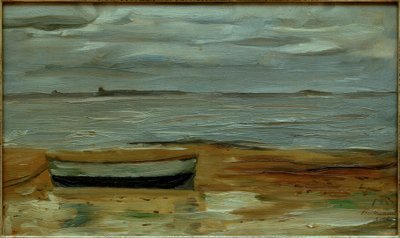 Playa con bote gris y mar gris de Max Beckmann