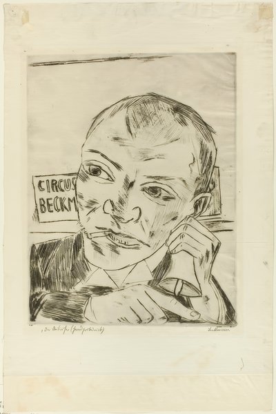 El pregonero (Autorretrato), lámina uno de Der Jahrmarkt de Max Beckmann