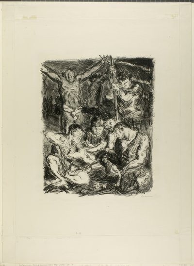 Lanzando dados ante la cruz, lámina seis de Sechs Lithographien zum Neuen Testament de Max Beckmann