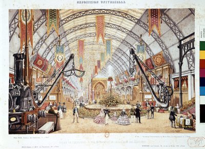 Exposición Universal 1855: Vista interna de la sala de máquinas en el Palais de l