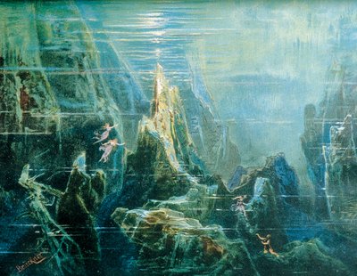 Diseño de escenario para la representación de El anillo del nibelungo - El oro del Rin de Richard Wagner, las hijas del Rin de Max Bruckner