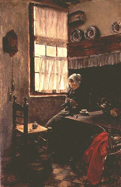 Una joven tejiendo en un interior de Max Liebermann