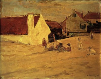 Plaza del pueblo con niños jugando de Max Liebermann