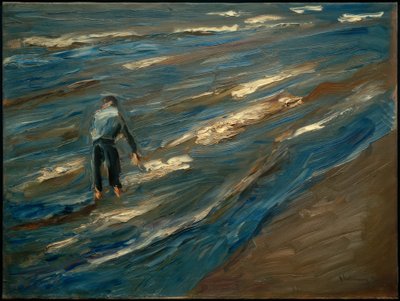 Pescadores de conchas en la playa - Mar azul de Max Liebermann