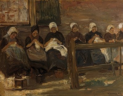 Niñas cosiendo en Huyzen - Estudio con siete figuras de Max Liebermann