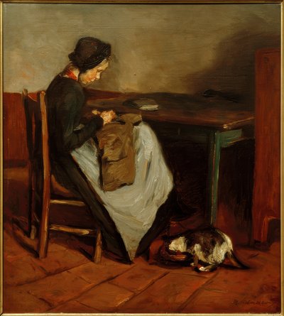 Niña cosiendo con gato - Interior holandés de Max Liebermann