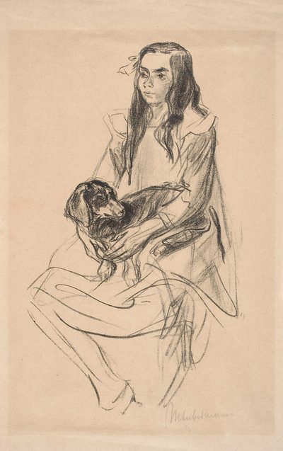 Joven sentada con perro salchicha de Max Liebermann