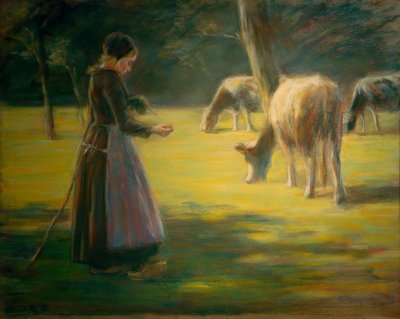 Pastora hilando en el prado - Al sol de Max Liebermann