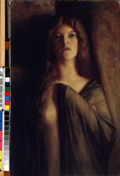 Retrato de una mujer joven"" (Retrato de una niña) Niña de expresión triste y sombría, vestida con un velo transparente. Pintura de Max Nonnenbruch (1857-1922) (arte nuevo) Óleo sobre lienzo. Museo de Bellas Artes Mikalojus Konstantinas Ciurlionis, Kaun de Max Nonnenbruch