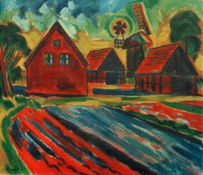 Casas rojas con molino de viento de Max Pechstein