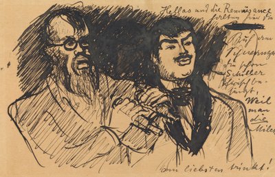 Drei Lenbach-Karikaturen: a) Brustbild; b) Ganzfigur; c) zusammen mit Stuck de Max Slevogt