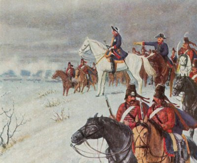 Federico el Grande en la colina Borner en la batalla de Leuthen, 5 de diciembre de 1757 (litografía en color mejorada) de Max Weese