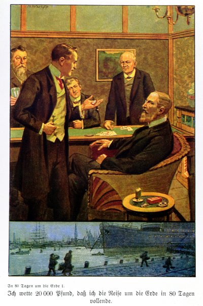 Phileas Fogg acepta la apuesta en el Reform Club de que puede dar la vuelta al mundo en 80 días, ilustración de una edición publicada en Berlín de Max Wulff