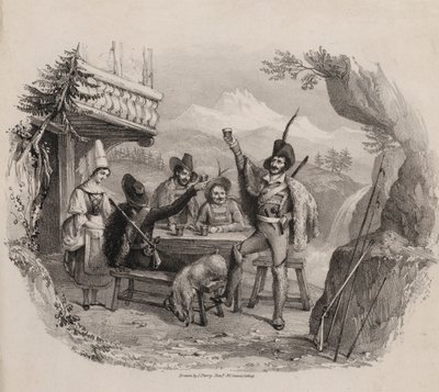 Cazadores en las montañas disfrutando de una bebida en una taberna de Maxim Gauci