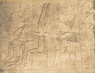 Esculturas exteriores del Santuario de granito del Palacio de Karnac Ammon asegurando la c..., 1849-50 de Maxime Du Camp