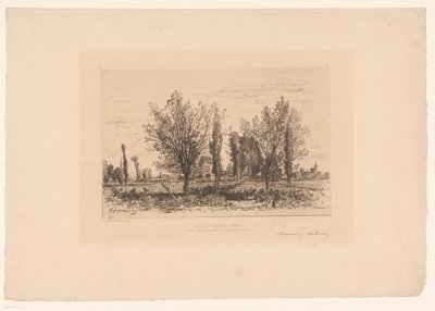 Paisaje con un prado y una vista de una ciudad. Baila los campeones de Cenon. (título en el objeto) de Maxime François Antoine Lalanne (signed by artist)