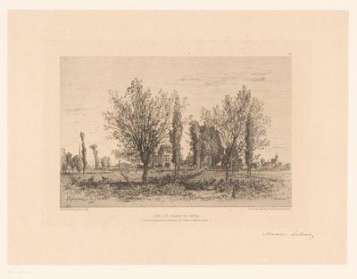 Paisaje con un prado y una vista de una ciudad. Baila los campeones de Cenon. (título en el objeto) de Maxime François Antoine Lalanne (signed by artist)