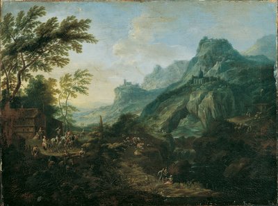 Ideal paisaje de montaña con caserío. de Maximilian Joseph Schinnagl
