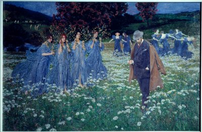 Reverie, un paisaje onírico del mundo, un hombre cruza un campo gente de honor. Pintura de Maximilian Lenz (1860-1948) de Maximilian Lenz