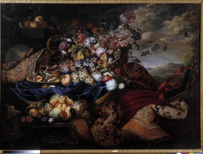 Cesta de frutas, flores y laúd sobre alfombra. Pintura de Maximiliano Pfeiler (1481-1536). Mención obligatoria: Colección fondation regards de provence, Marsella (cm 145x196,5) de Maximilian Pfeiler or Pfeiller