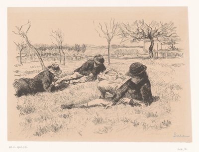 Tres hombres descansan en un prado de Maximilien Luce (signed by artist)