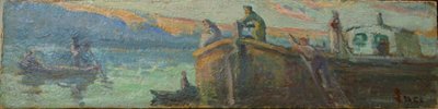Paisaje fluvial con barcaza y botes de Maximilien Luce