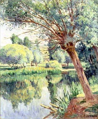El presbiterio y el sauce en la orilla del río de Maximilien Luce