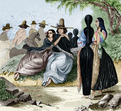 Mujeres de Lima en Perú, grabado del viaje de Radiguet en Lima en la década de 1840, documento coloreado de Maximilien Radiguet