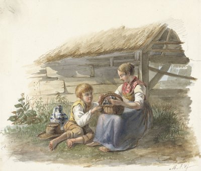 Chica y chico con una cesta de pajaritos de Maximilienne Guyon