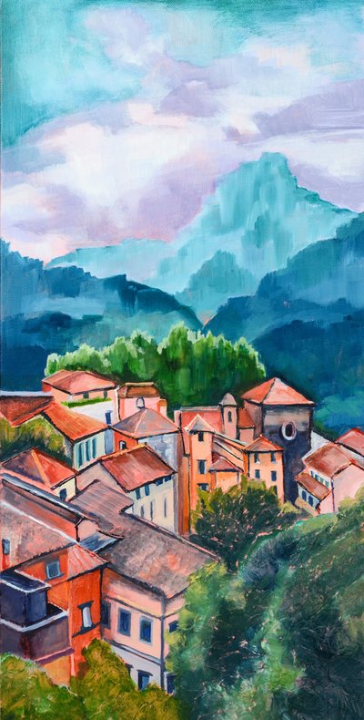 Pueblo colorido en la ladera de Maxine Shore