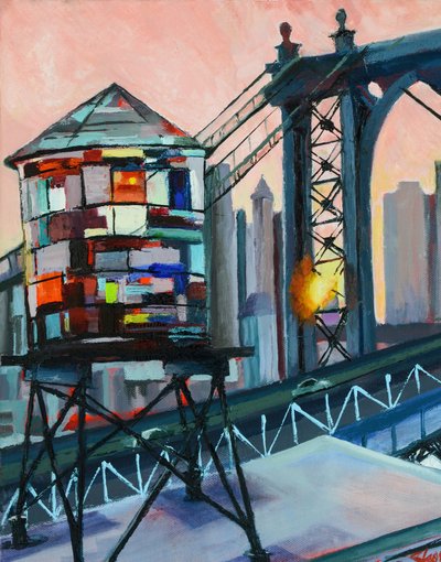 Puesta de sol en la Torre del Agua del Puente de Manhattan de Maxine Shore