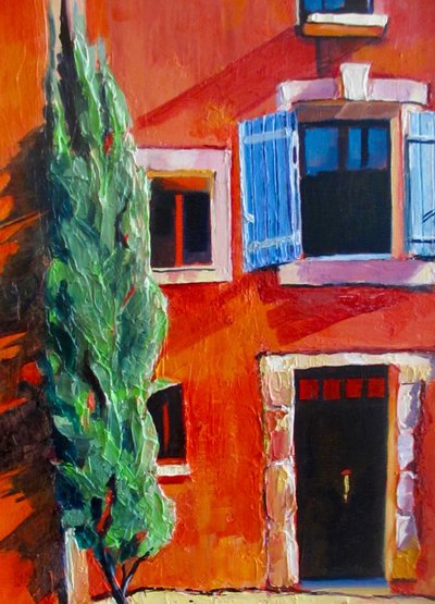 Casa roja con contraventanas azules de Maxine Shore