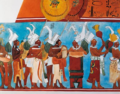 Reconstrucción de los frescos de Bonampak que muestran una procesión de músicos de Mayan