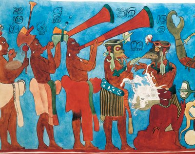 Reproducción de frescos de Bonampak, detalle con músicos de México, Chiapas, Bonampak de Mayan