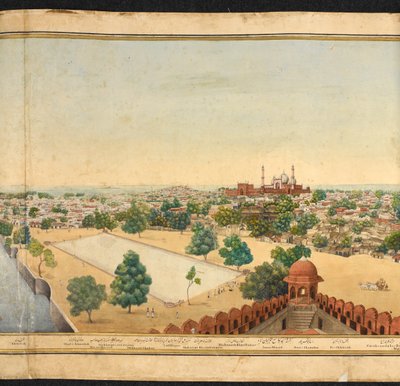 Sección de un panorama de Delhi, que muestra Jama Masjid de Mazar or Mazhar Ali Khan