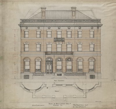 Casa Bryan Lathrop, Chicago, Illinois, alzado frontal y plano de la terraza de Mead and White McKim