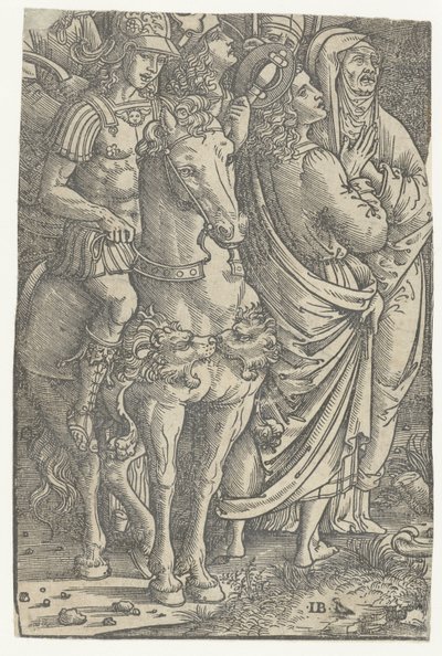 Fragmento de una Crucifixión con Juan el Evangelista y María y soldados de Meester IB met de vogel