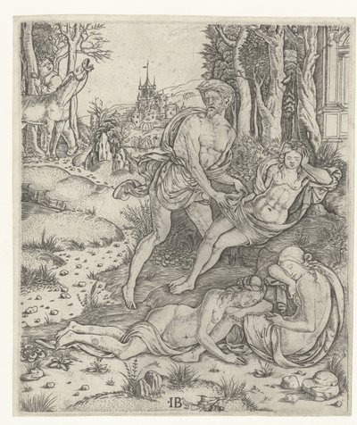 Priapus vergrijpt mismo aan la ninfa Lotis de Meester IB met de vogel