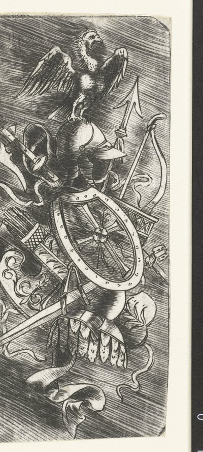 Águila encima de trofeos de armas, incluidas varias armas de Meester van 1515