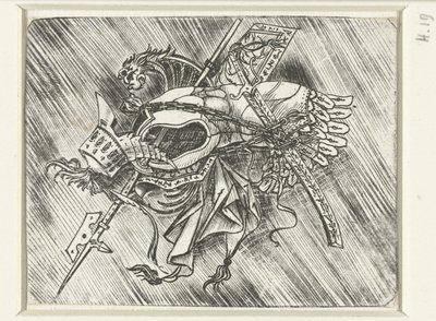 Trofeos de armas, incluyendo armadura y casco y alabarda de Meester van 1515